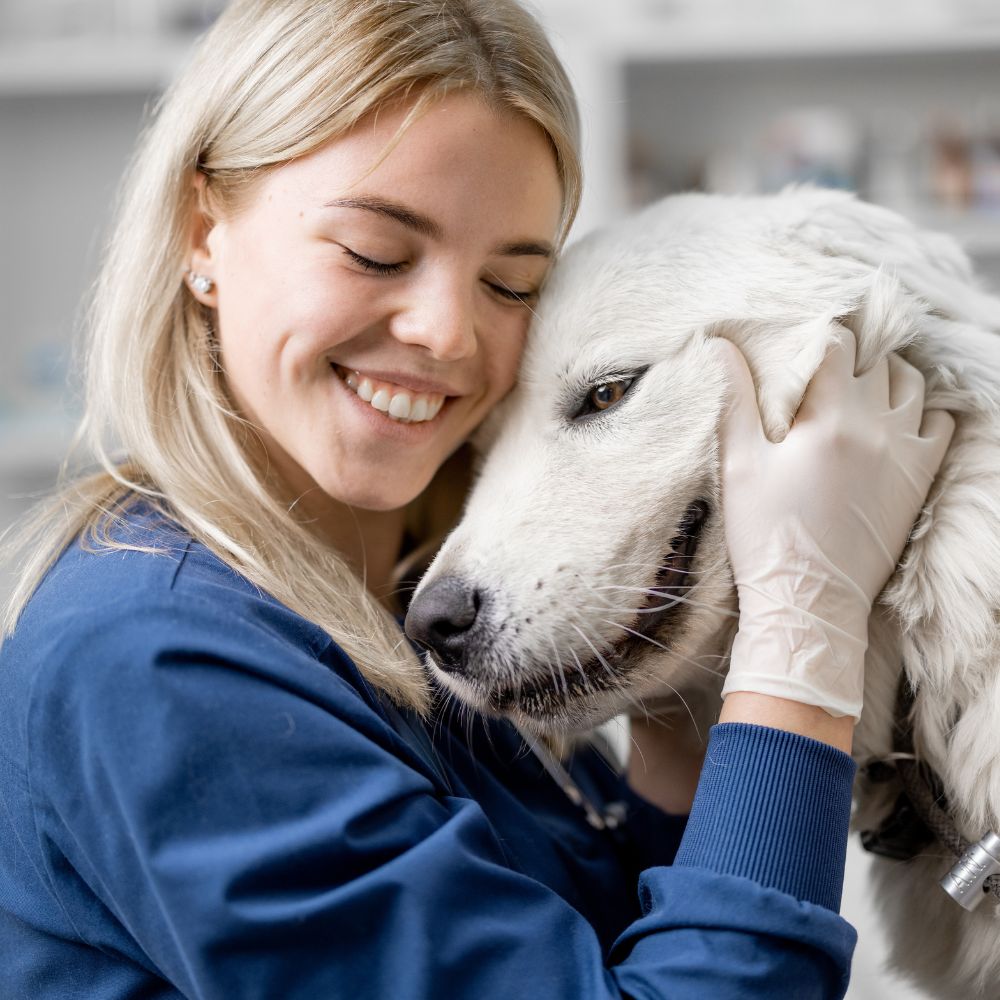 lady petting dog at the animal hospital
