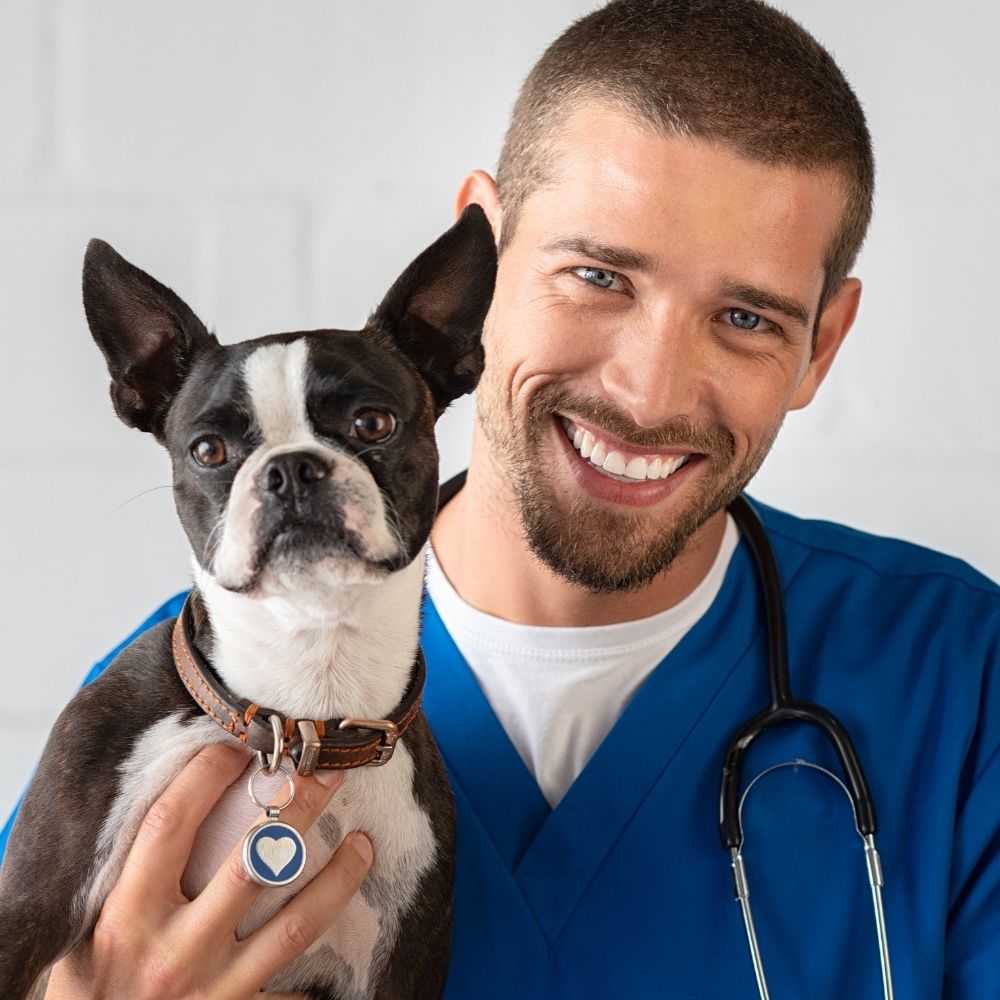 lady petting dog at the animal hospital